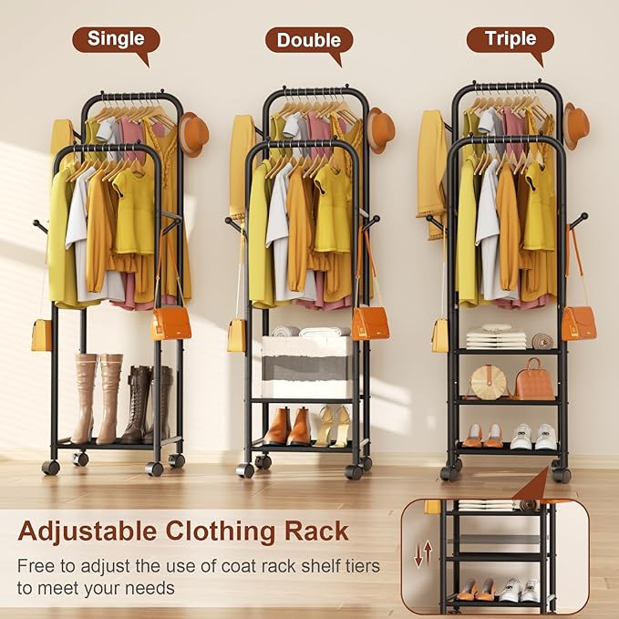 Furologee Clothing Racks for Hanging Clothes, Portable Rolling Garment Rack, Sturdy Metal Freestanding Clothes Rack with Whee