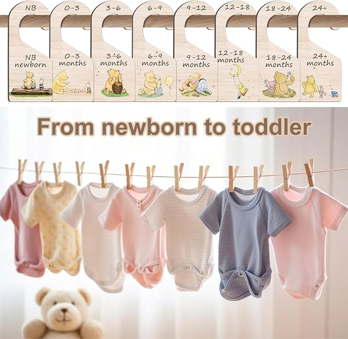 8Pcs Winnie Baby Closet Dividers, Double-Sided Wooden Baby Clothes Organizer for Classic Pooh Wardrobe