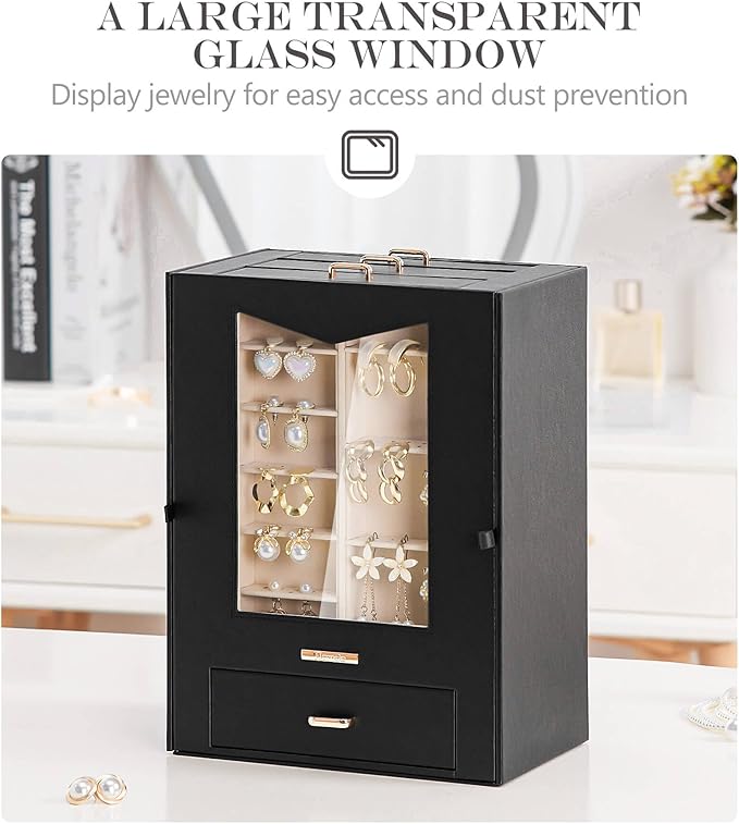 Homde Jewelry Organizer with Transparent Window Necklace Hooks Gift for Women Jewelry Box Display Case for Necklaces Rings Ea