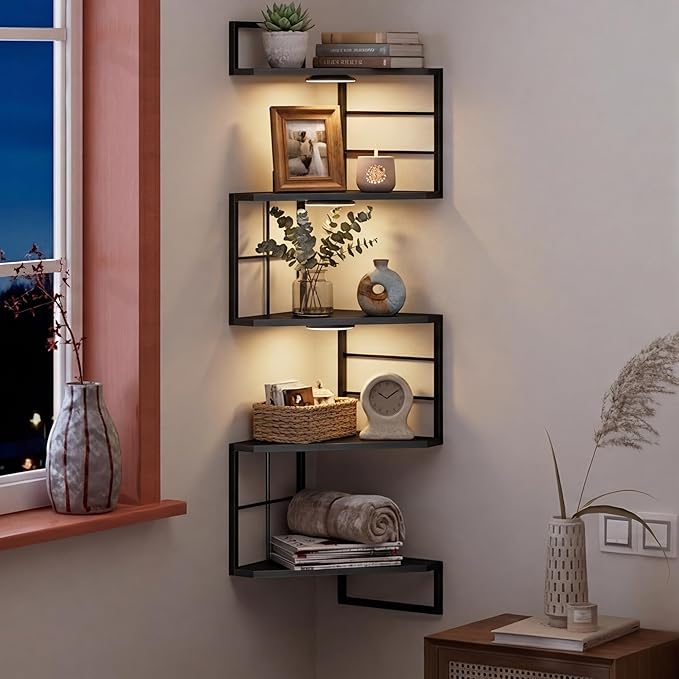 Corner Floating Shelves with Lights - 5 Tiers Corner Shelf Wall Mounted, Bookshelf with LED Light, Floating Shelves for Wall,