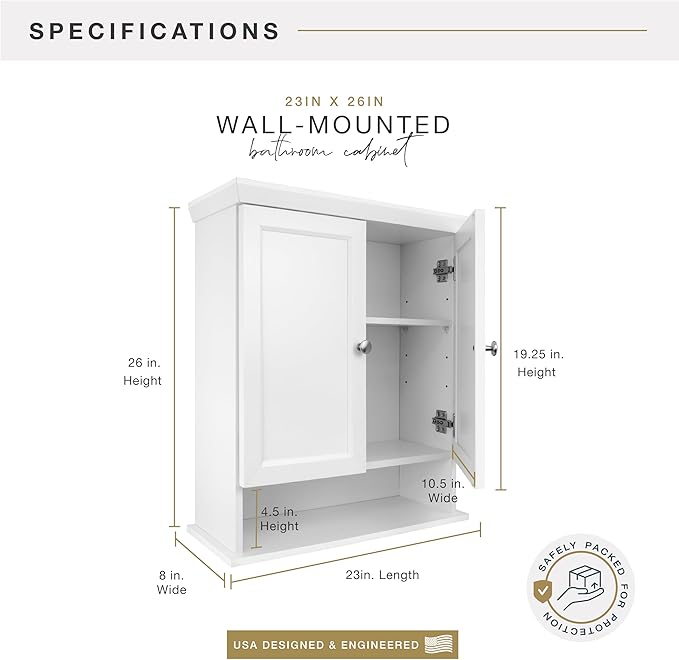 MCS 23x26 White Medicine Cabinet Organizer, Wall Mounted Bathroom Cabinet for Over-The-Toilet Storage, Bathroom Furniture & R