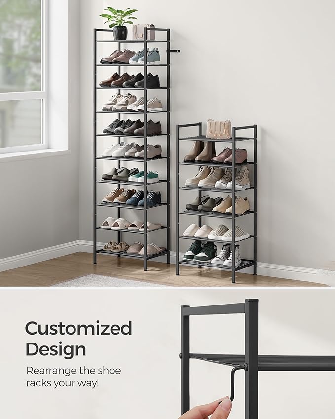 SONGMICS Narrow Shoe Rack, Sturdy 8 Tier Metal Tall Shoe Rack Shelf, Slim Shoe Storage Organizer for Closet Entryway Small Sp