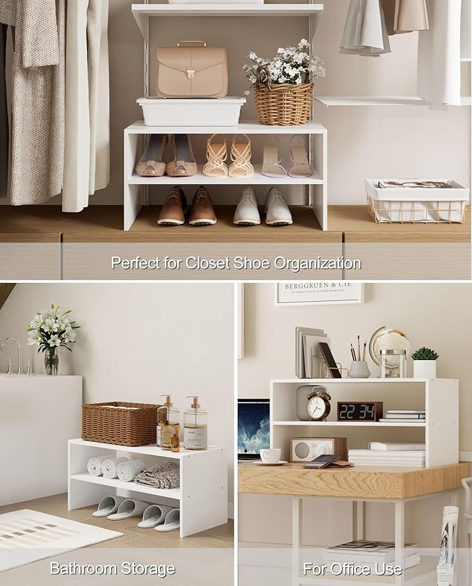 2-Tier Stackable White Shoe Rack, Wooden 2-Shelf Shoe Organizer Freestanding Shoe Storage Stand for 6-9 Pairs, Perfect for Cl
