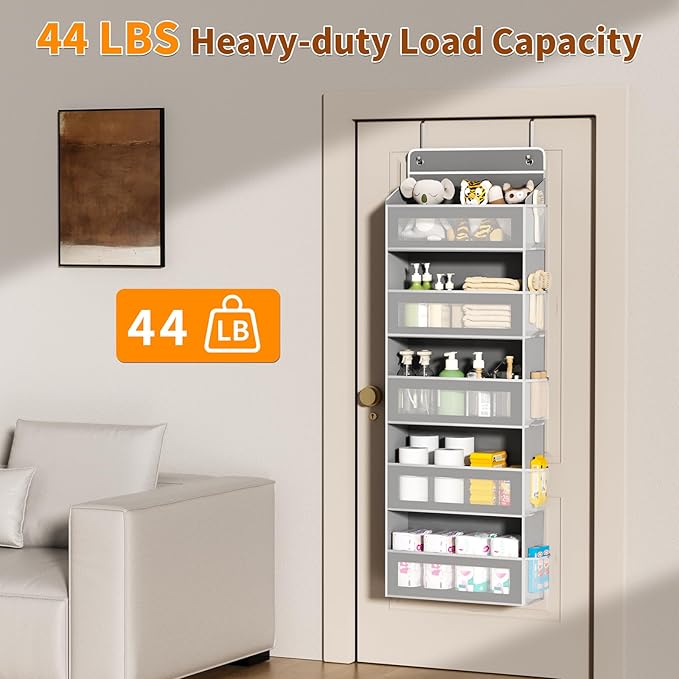 Over The Door Organizer, Over the Door Storage with 5 Large 10 Side Pockets, Hanging Door Organizer 44 lb Load Behind Door St