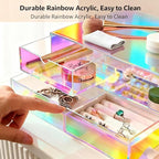 AZY Rainbow Acrylic Earring Organizer 2-Tier 3-Drawer with 6 Compartments, Multi-Purpose Vanity Countertop Organizer, Velvet 