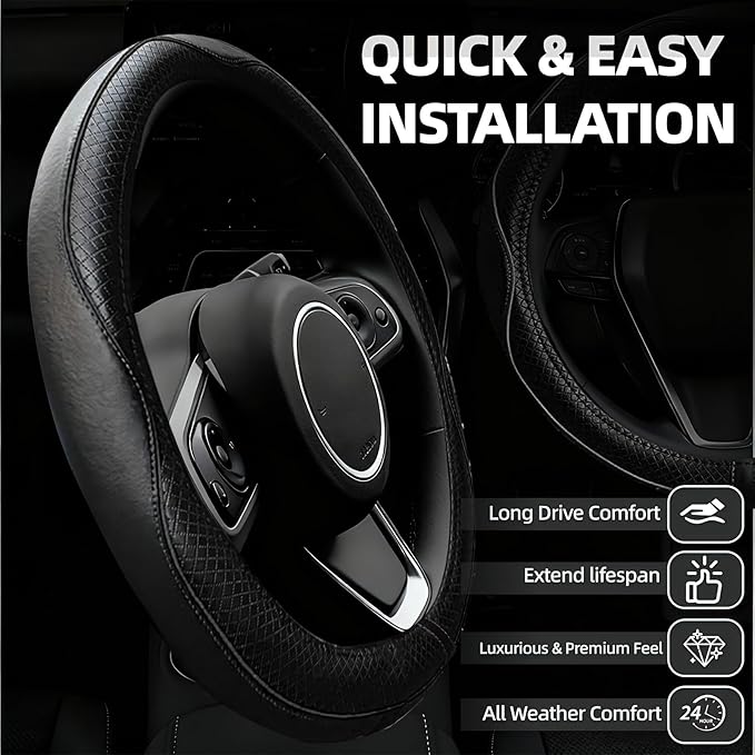 NBTEPEM 6 PCS Car Steering Wheel Cover Set, Microfiber Leather Steering Wheel Covers Universal 14.5-15 inch, Center Console Cover, Seat Belt Cushion, Cup Holder Coaster, Car Accessories Set Black