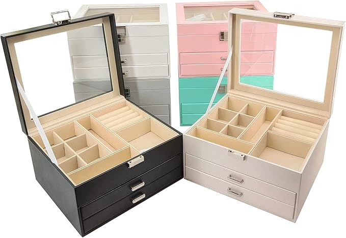 Clear Lid Jewelry Box,3 Layers Jewelry Organizer Large Multi-Functional Jewelry Storage Box with 2 Drawers,Jewelry Display Ca