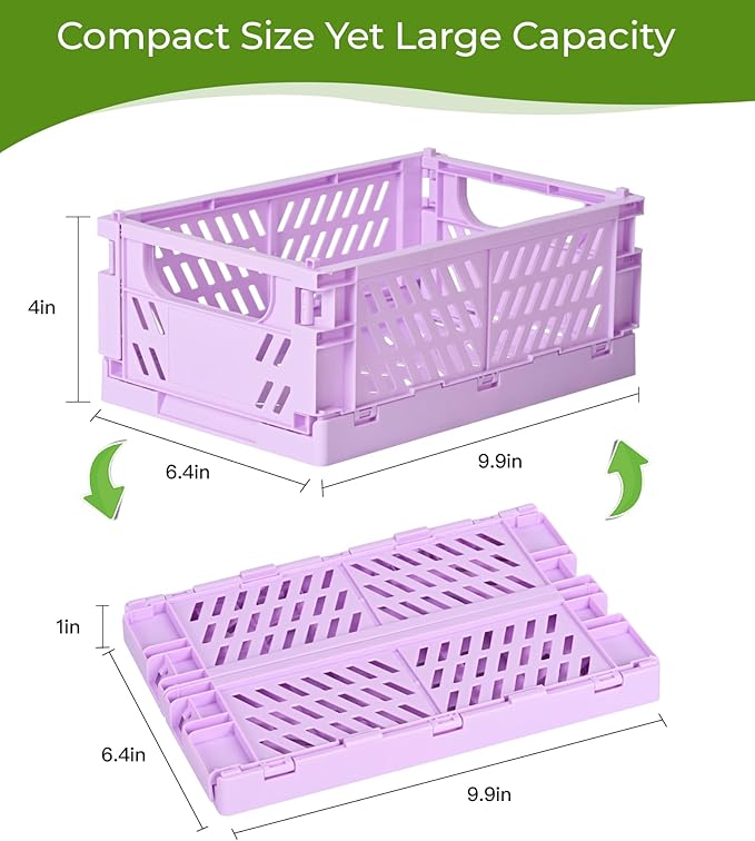 HUUSMOT 4-Pack Small Pastel Plastic Storage Baskets, Collapsible Crates for Organizing, Space-Saving Mini Bins for Classroom,