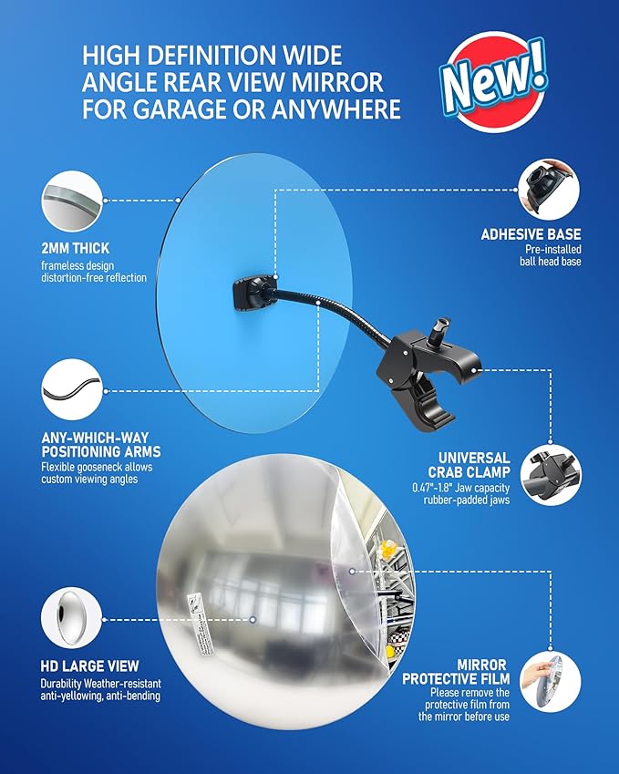 17.3" Wide‑Angle HD Convex Mirror with Crab Clamp Base - Acrylic Safety Security Traffic Corner Mirror, Round Frameless Observation Mirror for Garage, Driveway, Warehouse, Office, Store - Clamp-Mount