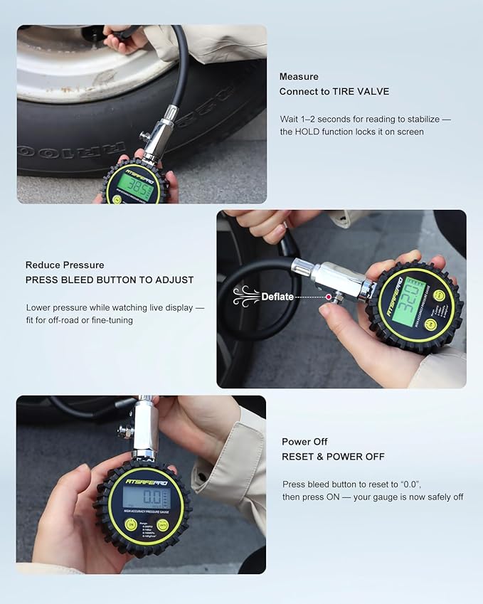 ATsafepro Digital Tire Pressure Gauge - Backlit Display, 200 PSI Accurate Tire Gauge - Hold Function, Long Hose, Dual Head Air Chuck, 4 Units, Bleed Valve, AAA Battery, for Car Truck RV