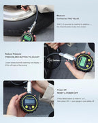 ATsafepro Digital Tire Pressure Gauge - Backlit Display, 200 PSI Accurate Tire Gauge - Hold Function, Long Hose, Dual Head Air Chuck, 4 Units, Bleed Valve, AAA Battery, for Car Truck RV