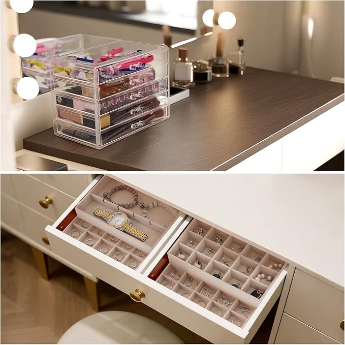 FEISCON Jewelry Box Organizer，Acrylic Storage Organizer with 5 Drawers Adjustable Velvet Trays grid size Jewelry Storage Box 