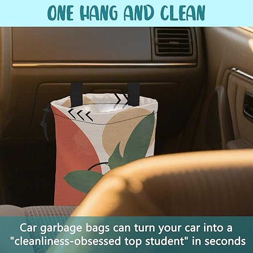 Car Garbage Bag Vintage Ink Floral and Geometric Drawstring Car Trash Bag Hanging for Back Seat with Adjustable Buckle Canvas Vehicle Trash Can Easy-to-Install