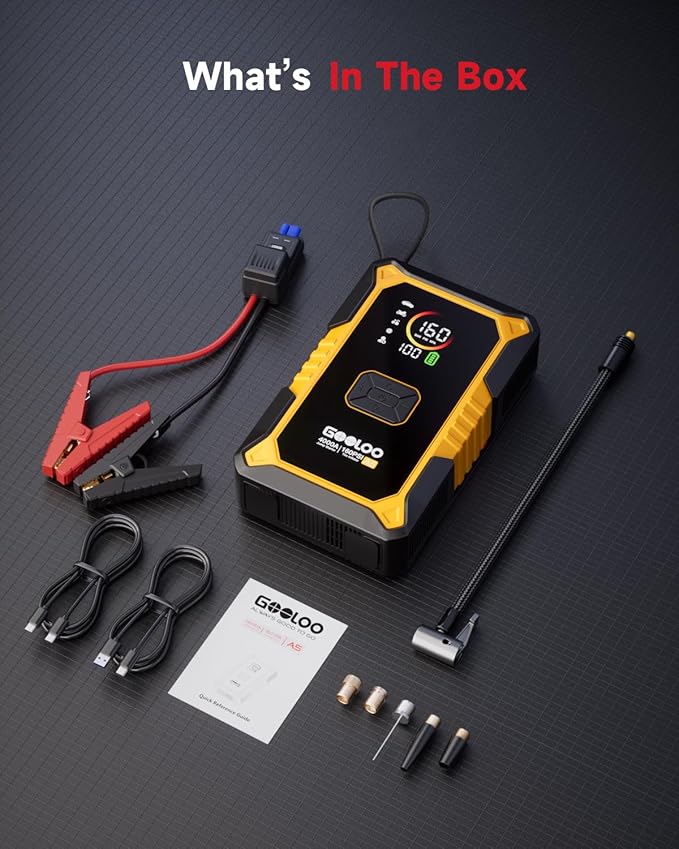 GOOLOO A5 Car Jump Starter with Air Compressor, 4000A Portable Car Jump Starter (All Gas/10.0L Diesel) with 160PSI Auto-Off
