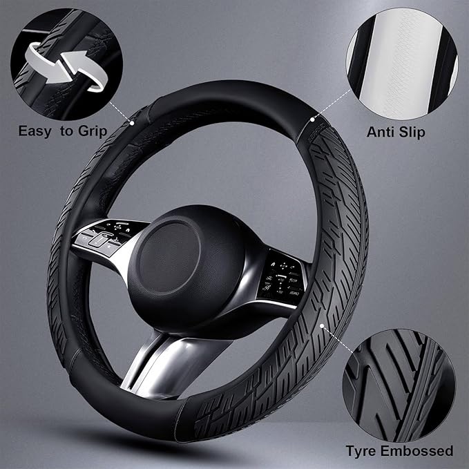 CAR PASS Leather Rubber Steering Wheel Covers Set,Heavy Duty Steering Wheel Covers&Mobile Phone Holder, Tire Tread Pattern Design,Non-Slip Wear-Resistant,Suitable for Steering Wheel 14 1/2”-15”Black