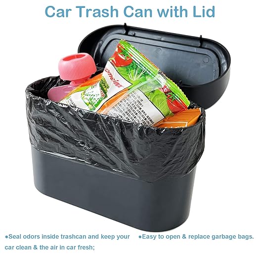 Kitbest Car Trash Can Bin with Lid, 60 pcs Trash Bags and 2 pcs Car Hooks. Mini Car Garbage Can, Dustbin Can Organizer Storage for Front Back Seat Accessories for Car Office Home