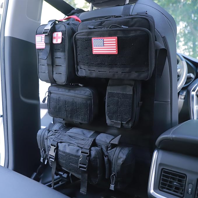 Universal Tactical Car Seat Back Organizer Bag Tactical Molle Vehicle Organizers Panel Vehicle Protector Organizers with 5 Detachable Pouches for Car (Upgraded D Black)