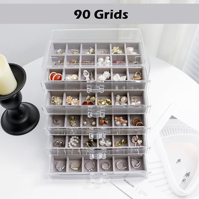 YUFONG Jewelry Organizer with 5 Drawers Clear Acrylic Earring Display Case Velvet Jewelry Storage Box Display Holder for Earr