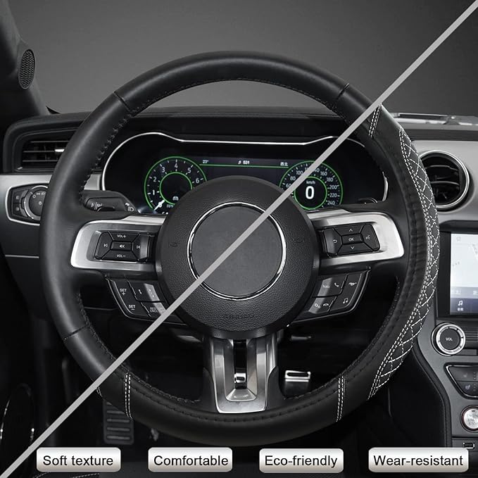 West Llama Car Steering Wheel Cover for Ford Escape,Explorer,Fusion,Focus,Bronco,Transit,Edge(Diamond Quilted - Black+Gray- S