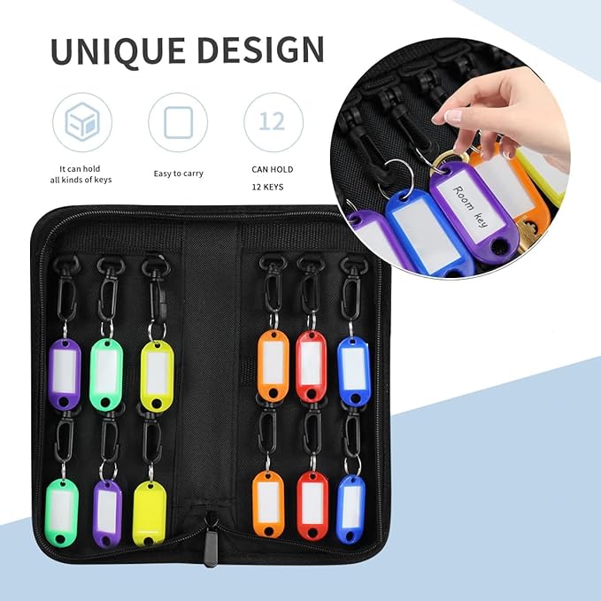Fireproof and Waterproof Portable Zippered Key Case,12 Key Hooks Key Organizer with Key Tags,Portable Manager Zipper Key Bind