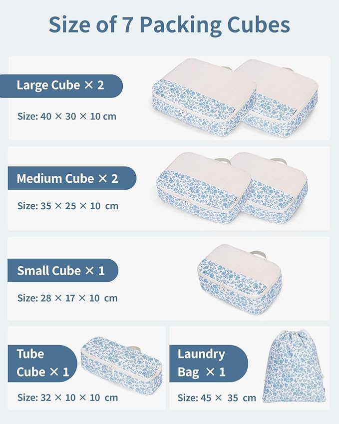 Narwey 7 Set Floral Packing Cubes for Travel Carry on Suitcase Luggage Organizer Bags for Kids Women Men, Durable Packing Org