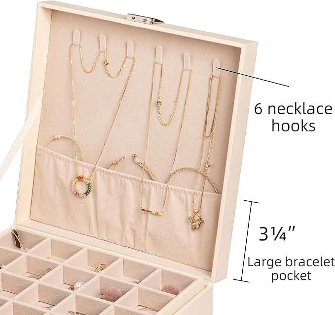 Frebeauty Earring Organizer Classic Jewelry Box 50 Slots Double Layer Jewelry Storage Case with 6 Necklace Hook and Bracelet 