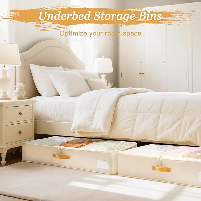 Criusia Under Bed Storage Bins with Clear PVC Lids – 4 Pack Large Underbed Organizers with Heavy-Duty Handles, Reinforced wit
