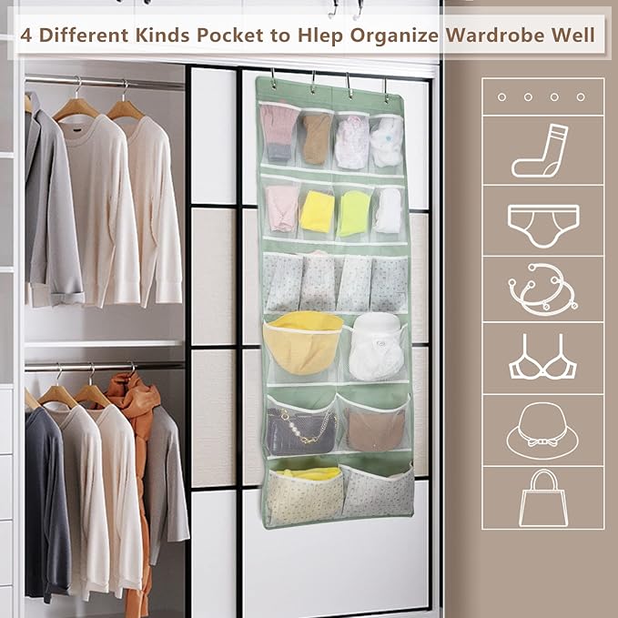 18 Pockets Over the Door Organizer with 4 Kind Pockets,Behind Door Shoes Rack,Back of Closet Storage Organization for Socks,H