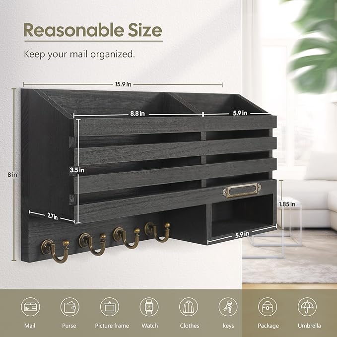 FifthQuarter Key Holder for Wall: Easy Mounted Key Rack and Mail Organizer with Store Shelf and Four Sturdy Keys Hooks Decor 