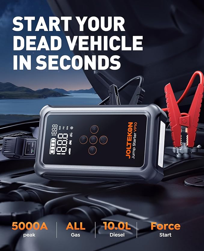 Jump Starter with Air Compressor, 5000A Portable Car Battery Jumper Starter(All Gas/10L Diesel) with 150PSI Auto-Shutoff
