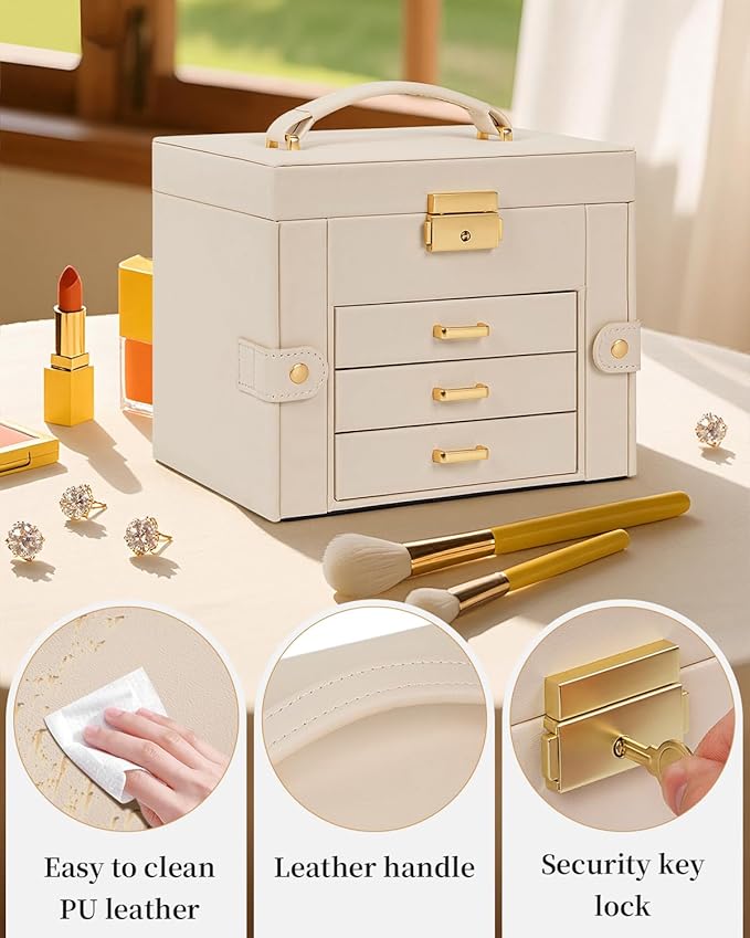 TORIBIO Jewelry Box for Women, Leather Jewelry Organizer with Mirror & Lock, 4-Tier Jewelry Storage Organizer with 3 Drawers 