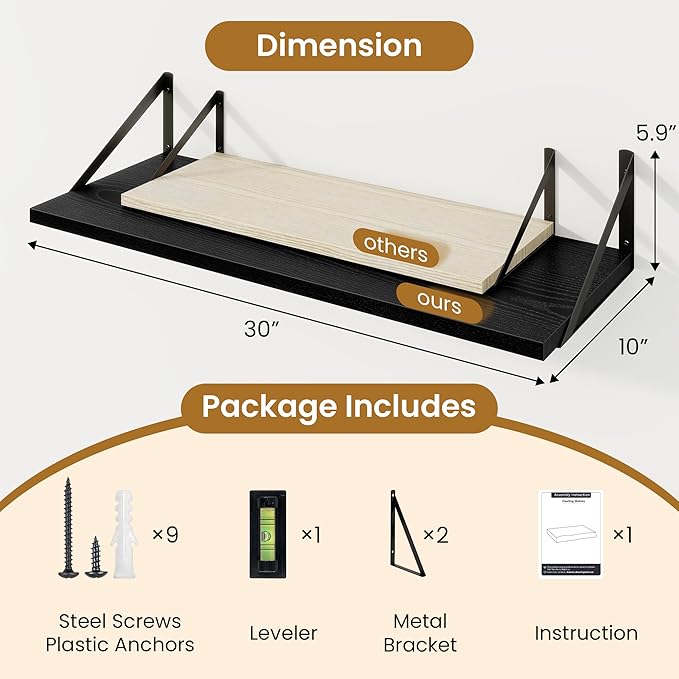Deep Floating Shelves for Wall,30" Wx10 D Wood Floating Shelf Set of 2,Sturdy Metal Bracket Wide Display & Storage,Wall Mount