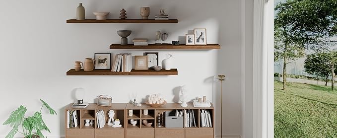 ROGMARS 60Inches Long Walnut Floating Shelves,Rustic Solid Wood Farmhouse Wall Shelves with Invisible Brackets for Bathroom, 