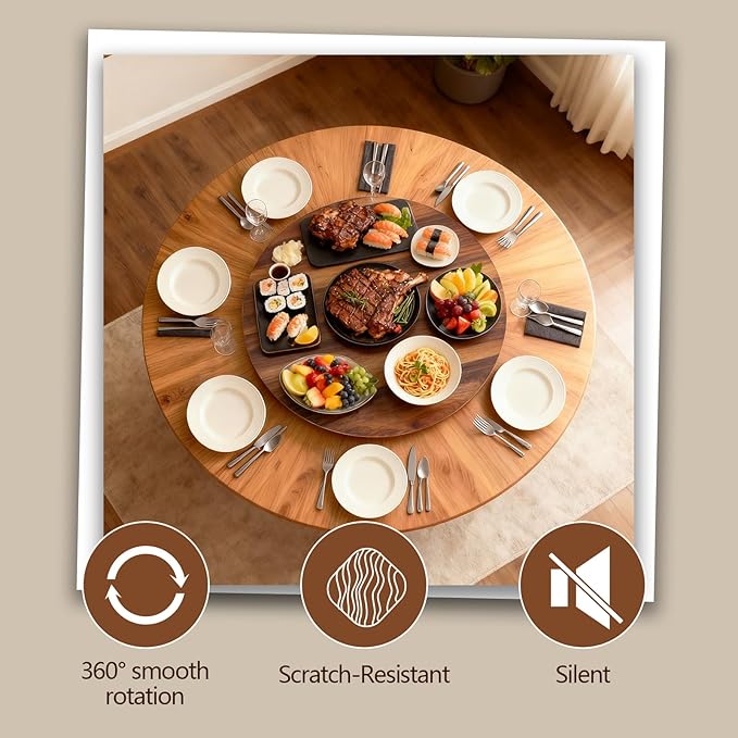 24" Wood Lazy Susan, Large Solid Turntable Serving Tray for Tabletop, Smooth Rotating Round Tray for Kitchen Counter, Dining 