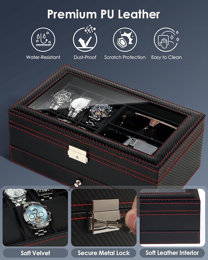 Kukikan Watch Jewelry Box Organizer, 6-Slot 2-Layer Watch Case and Sunglasses Storage with Large Glass Lid, Men's Jewelry Box