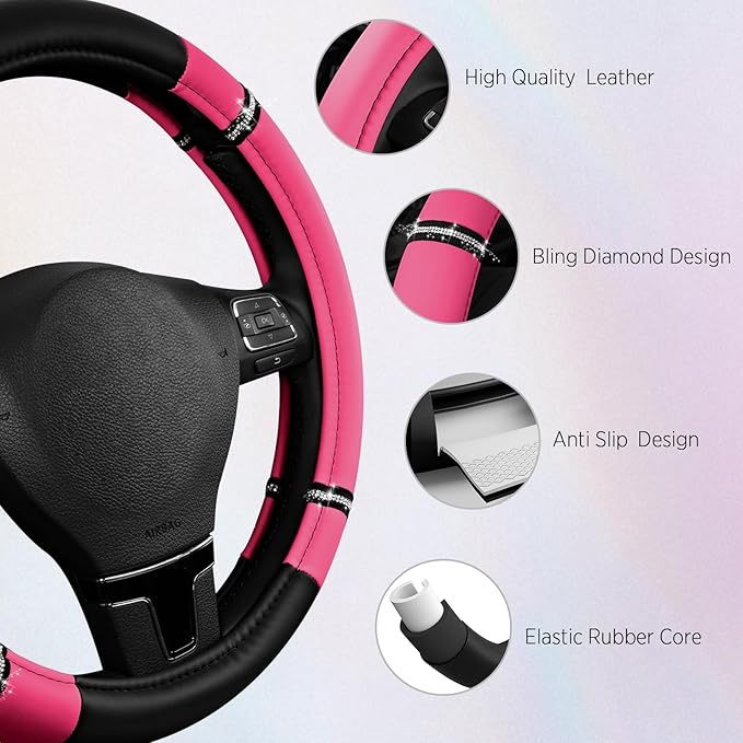 Road Comfort Leather Steering Wheel Cover – Premium Anti-Slip Car Steering Wheel Grip Cover – Universal Fit for 14.5”–15.5” C