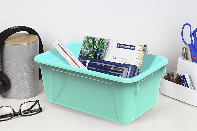 Storex Small Cubby Bins – Plastic Storage Containers for Classroom with Non-Snap Lid, 12.2 x 7.8 x 5.1 inches, Teal, (62412U0