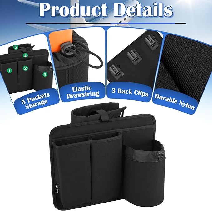 Airplane Seat Back Organizer, Flight Travel Organizer with 3 Metal Clips for Seat Back, Foldable Seatback Hanging Pocket with Storage Bag for Tablet, Passport, Phone, Water Bottle