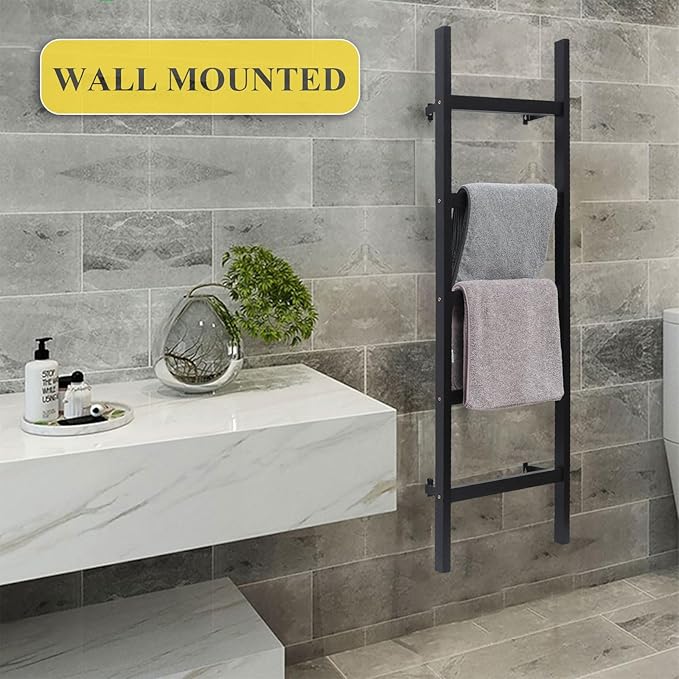 FUIN 57in Wall Mounted Wooden Blanket Ladder Living Room Decorative Farmhouse Quilt Display Holder Rustic Wood Towel Rack for