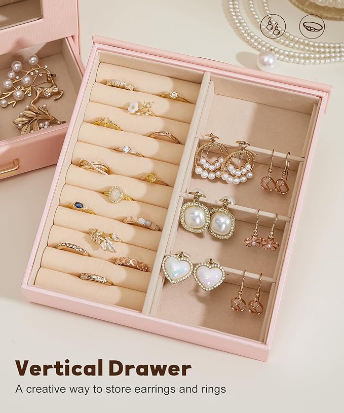 Homde Jewelry Organizer Girls Women Jewelry Box for Necklaces Rings Earrings Gift Bracelets Storage Case (Peach Pink + Gold)
