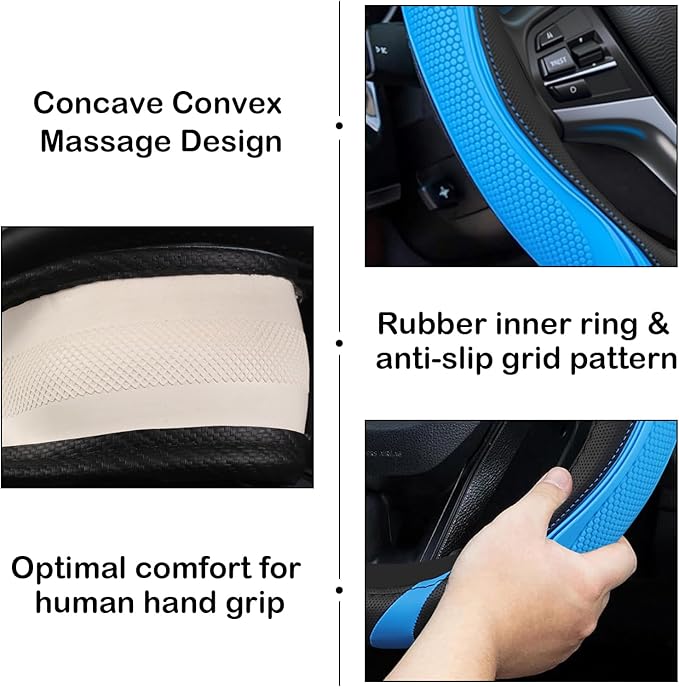 Concave Convex Massage Black Blue Microfiber Leather Steering Wheel Cover, 14.5-15 Inch Non-Slip Breathable Microfiber Car St