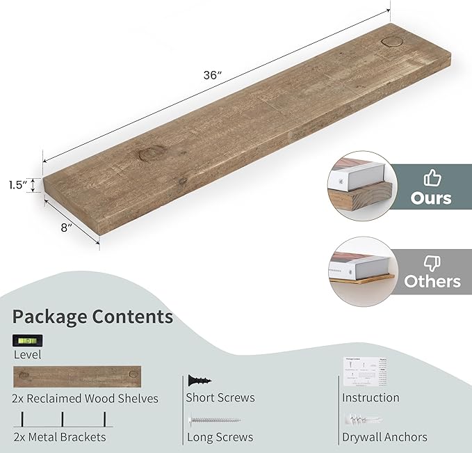 Floating Shelves | 8" Deep Rustic Reclaimed Barnwood Wall Hanging Shelves with Invisible Heavy-Duty Metal Bracket | Wall Moun
