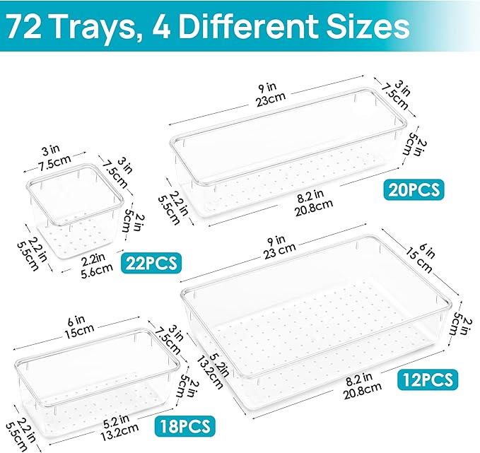 Vtopmart 72 PCS Clear Plastic Drawer Organizers Set, 4-Size Versatile Bathroom and Vanity Organizer Trays, Non-Slip Storage C