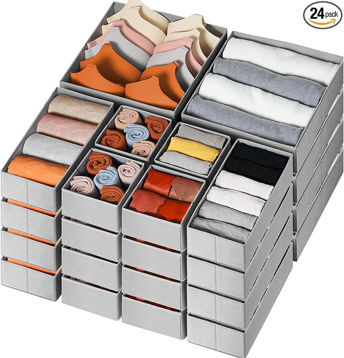 Criusia Drawer Organizer Clothes 24 Pack, Fabric Closet Organizers and Storage Bins for Underwear Sock, Odorless Dresser Draw