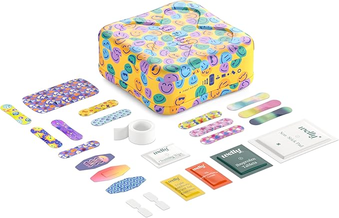 Welly First Aid Kit - Adhesive Flexible Fabric and Waterproof Bandages, Tape and Non-Stick Pads, Butterfly Strips, Single Use