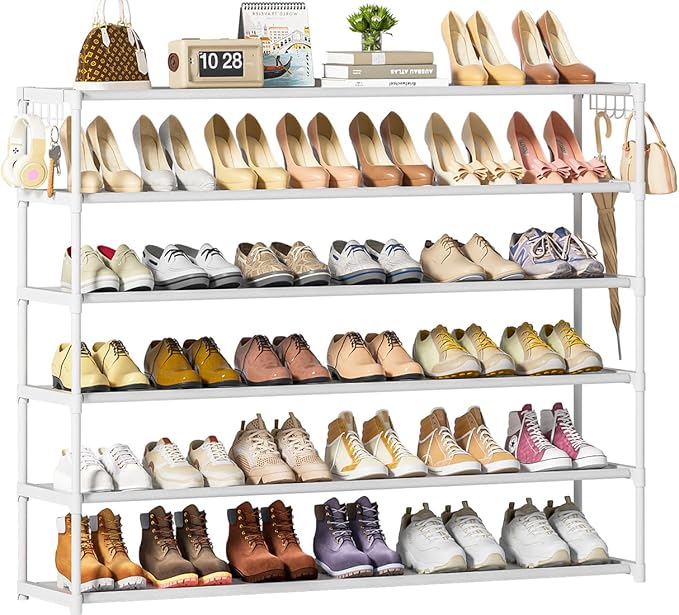 LUKYTOWER Extra Long Shoe Rack 6 Tier 39Pairs, Shoe Storage Organizer with 2 Hooks, Wide Stackable Shoe Organizer Racks for C