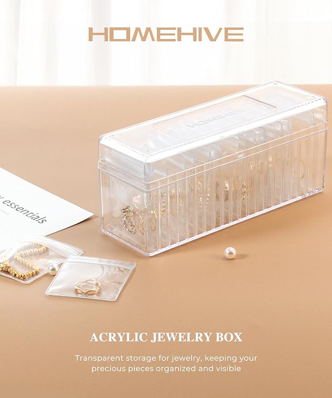 HOMEHIVE Acrylic Jewelry Box Organizer, Clear Jewelry Organizer and Storage with 20 Portable Anti Tarnish Jewelry bags, Trave
