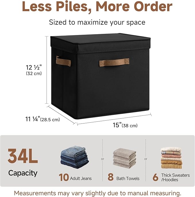 StorageWorks Fabric Storage Bins with Lid, Decorative Storage Boxes for Shelves, Stackable Closet Organizer Basket with Handl