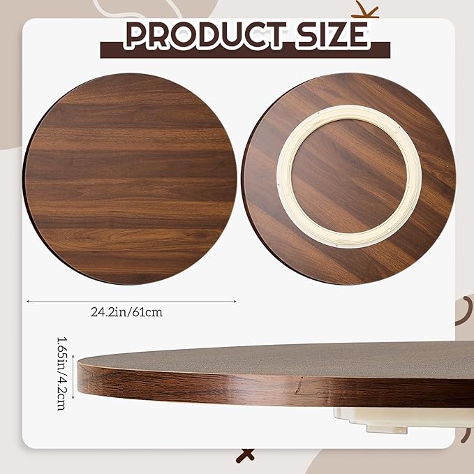 24" Black Walnut Wood Lazy Susan for Table Top, Large Turntable Rotating Serving Tray for Counter Top Solid Wooden Round Lazy