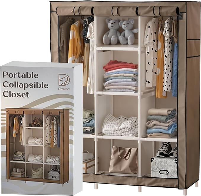 DivaDee Portable Wardrobe Closet with Cover – Freestanding Clothes Organizer with 8 Storage Shelves & Dual Hanging Rods – Spa